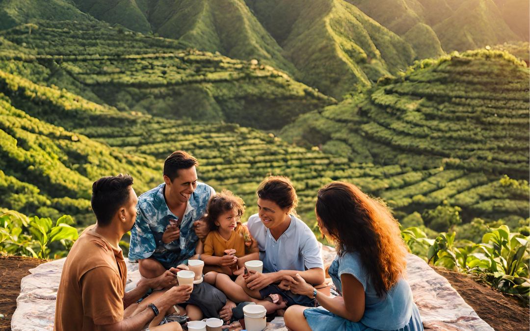 a family of 4 sitting on a blanket drinking coffee on a Hawaiian coffee plantation at sunrise overlooking a valley