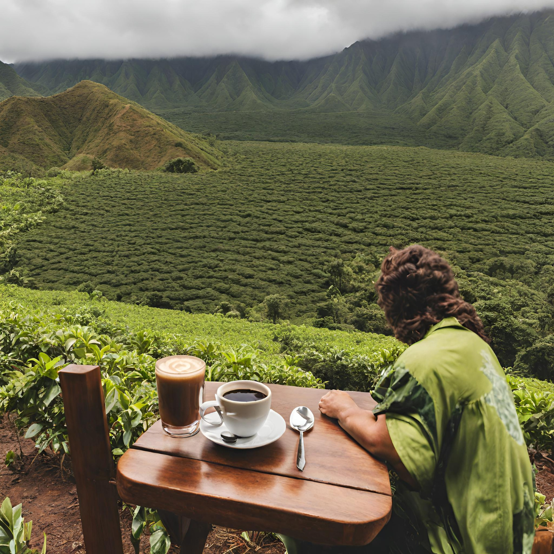 a person sitting at a table drinking coffee overlooking a Hawaiian coffee field